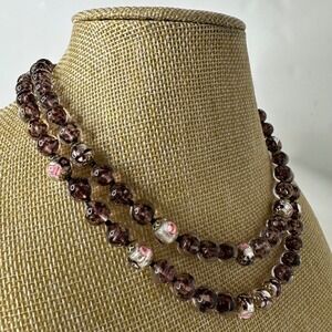 Vintage Two Strand Statement Necklace Purple Art Glass Beads Floral Romantic